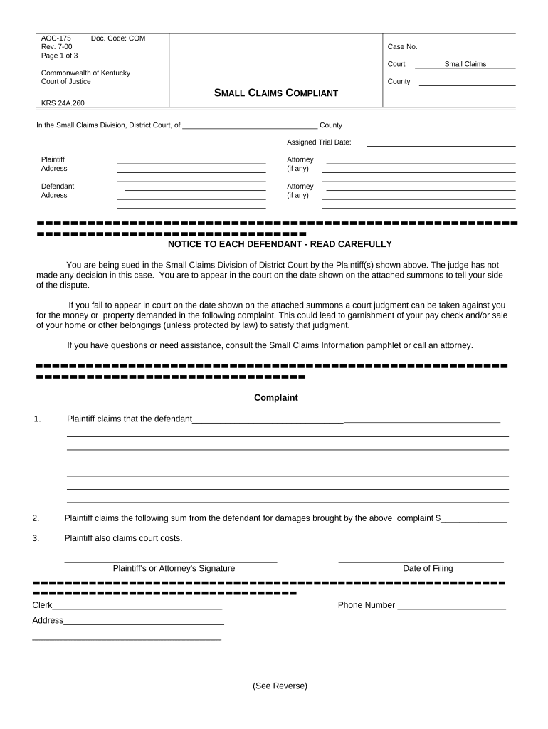 Small Claims Complaint Kentucky  Form