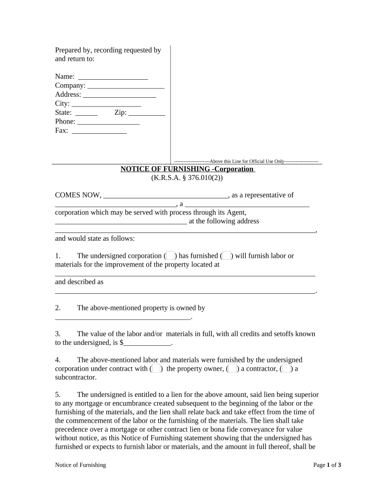Notice of Furnishing Corporation or LLC Kentucky  Form