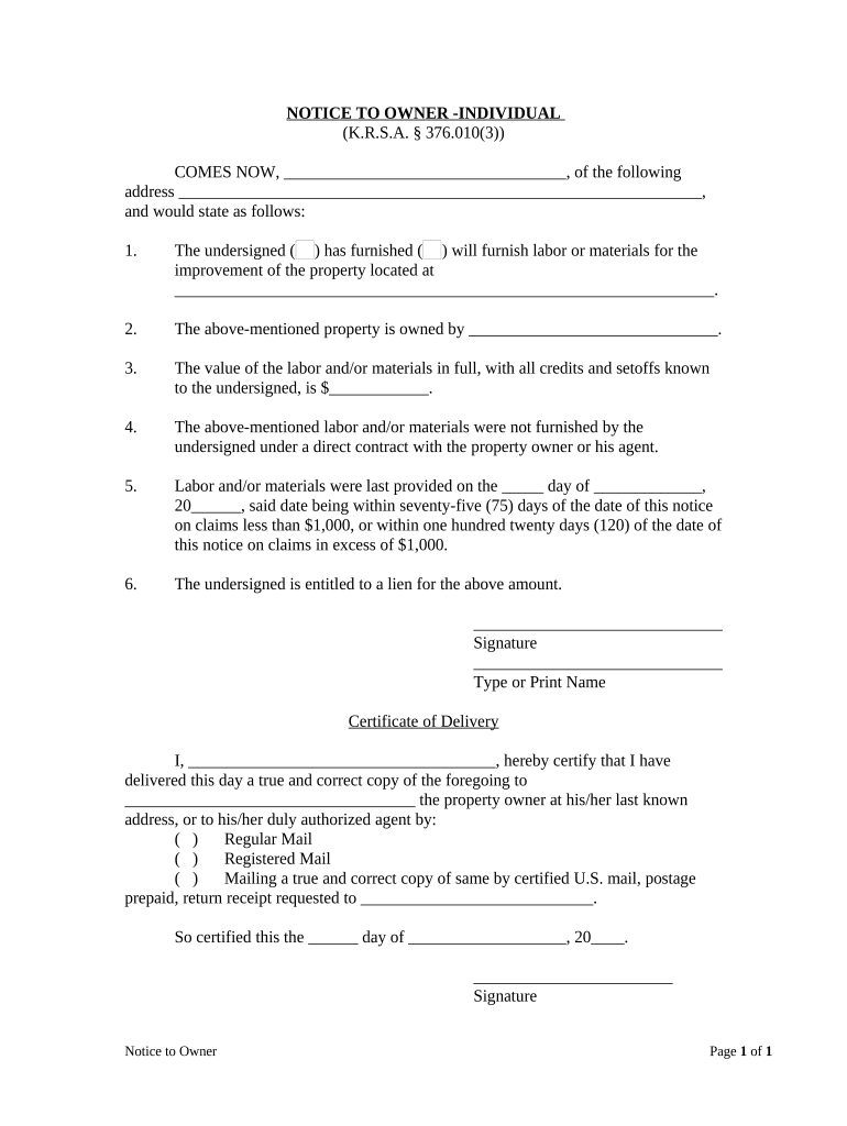 Kentucky Owner  Form