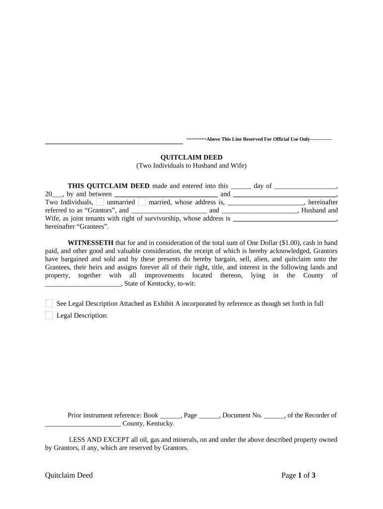 Quitclaim Deed by Two Individuals to Husband and Wife Kentucky  Form