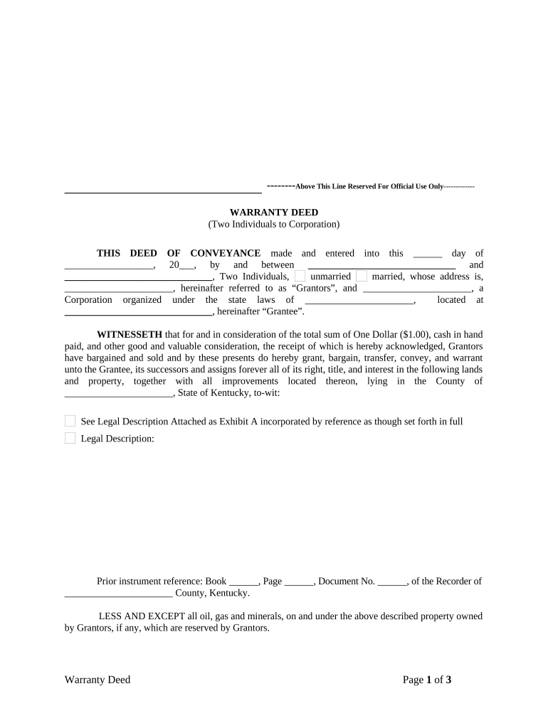 Warranty Deed from Two Individuals to Corporation Kentucky  Form