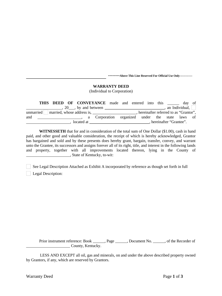 Warranty Deed from Individual to Corporation Kentucky  Form