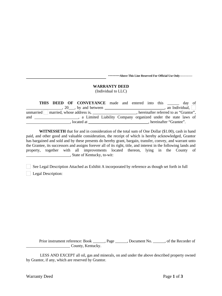 Warranty Deed from Individual to LLC Kentucky  Form
