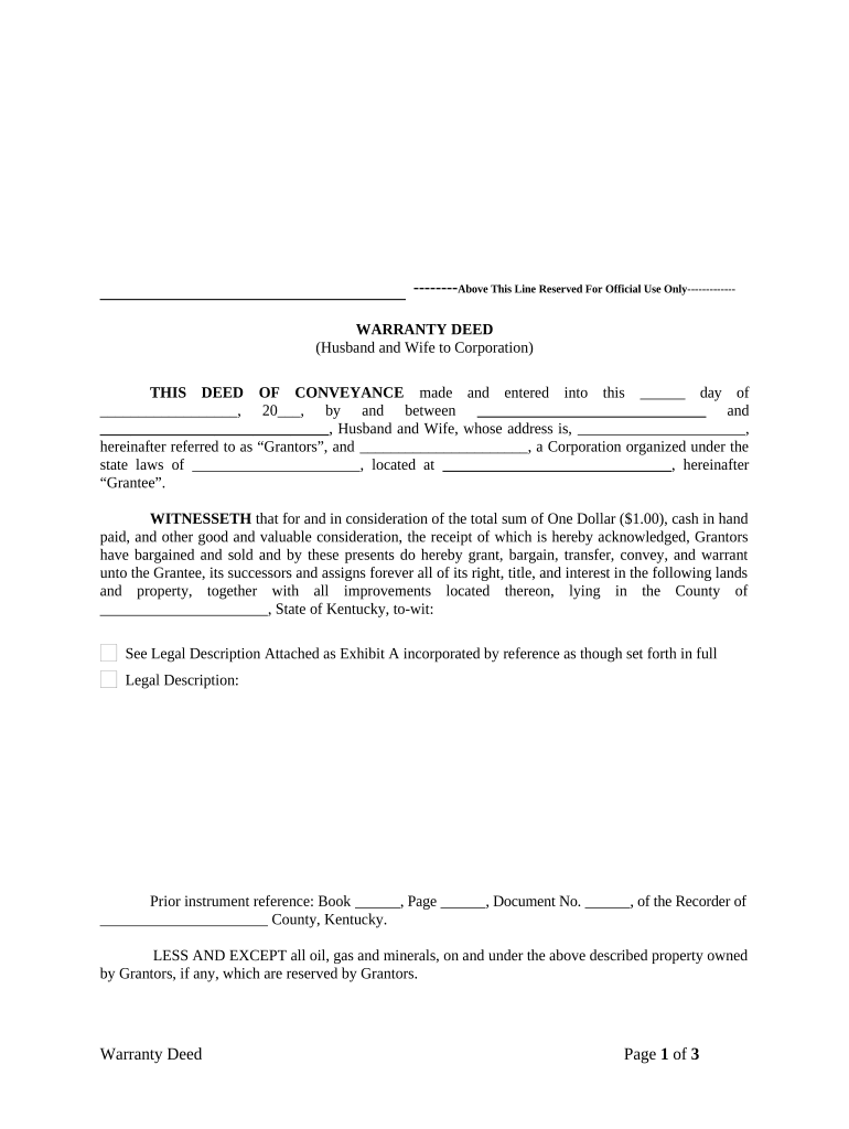 Warranty Deed from Husband and Wife to Corporation Kentucky  Form