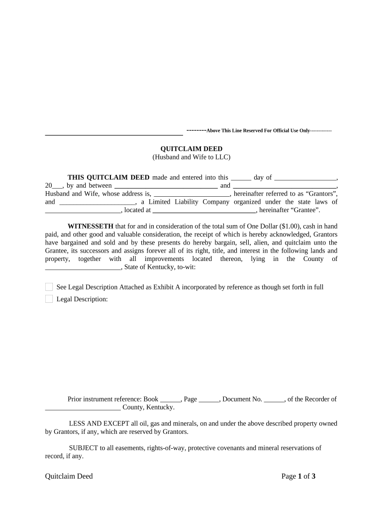 Quitclaim Deed from Husband and Wife to LLC Kentucky  Form