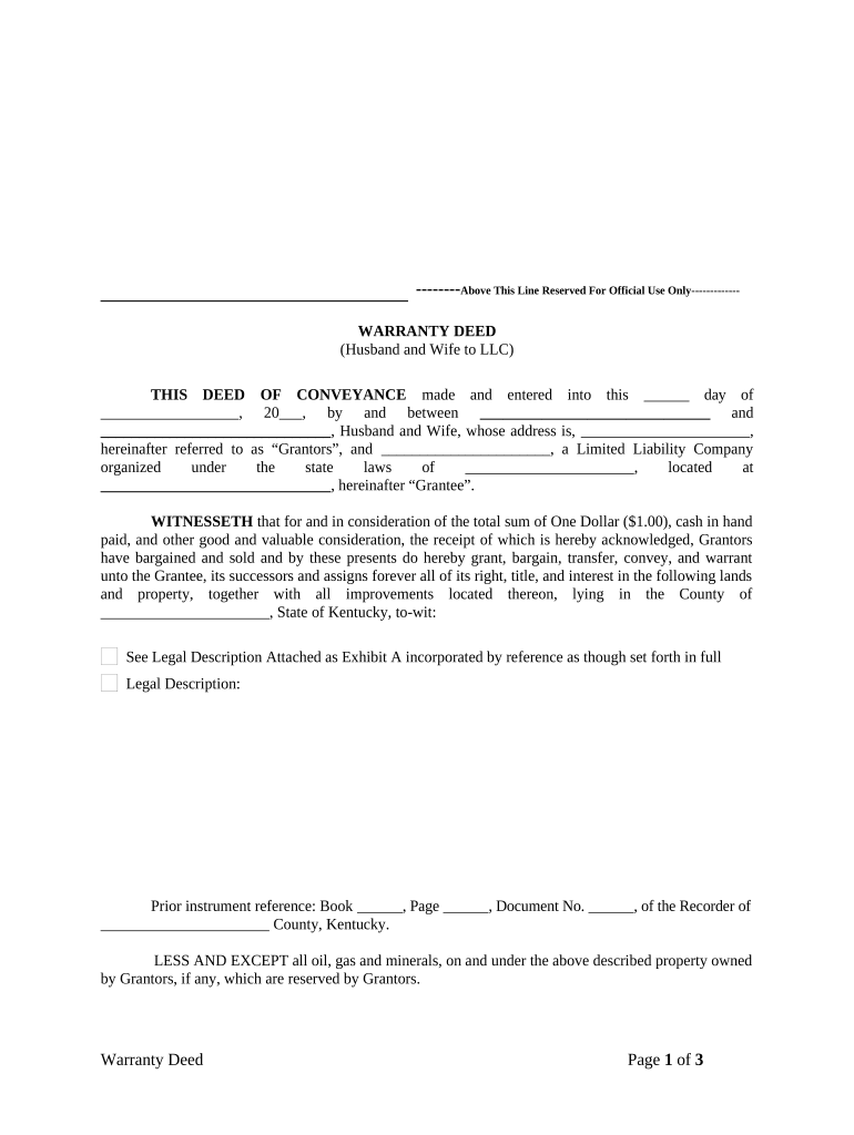 Warranty Deed from Husband and Wife to LLC Kentucky  Form