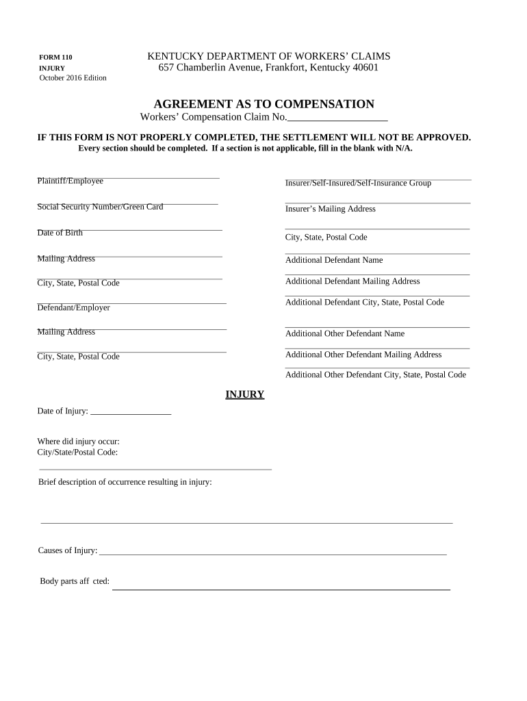 Agreement as to Compensation Kentucky Kentucky  Form