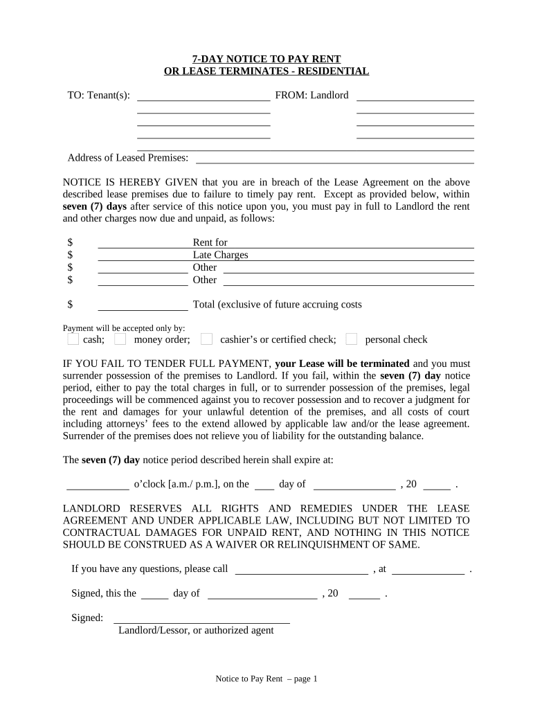 7 Day Notice to Pay Rent or Lease Terminates Residential Kentucky  Form