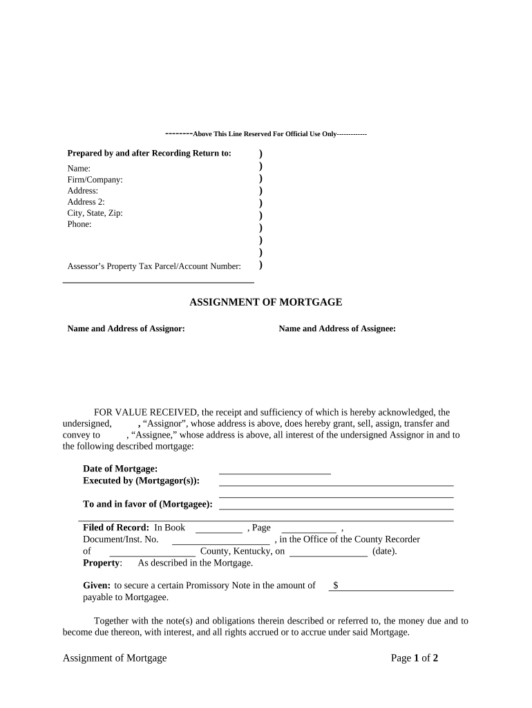 Assignment of Mortgage by Individual Mortgage Holder Kentucky  Form