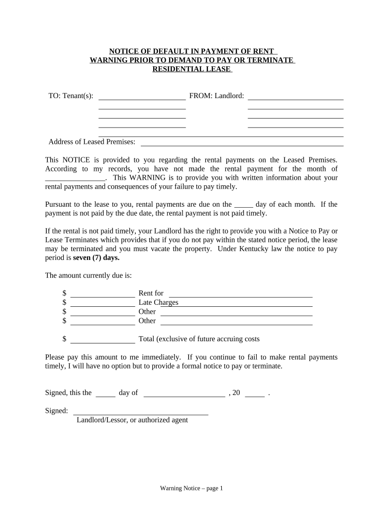 Notice of Default in Payment of Rent as Warning Prior to Demand to Pay or Terminate for Residential Property Kentucky  Form