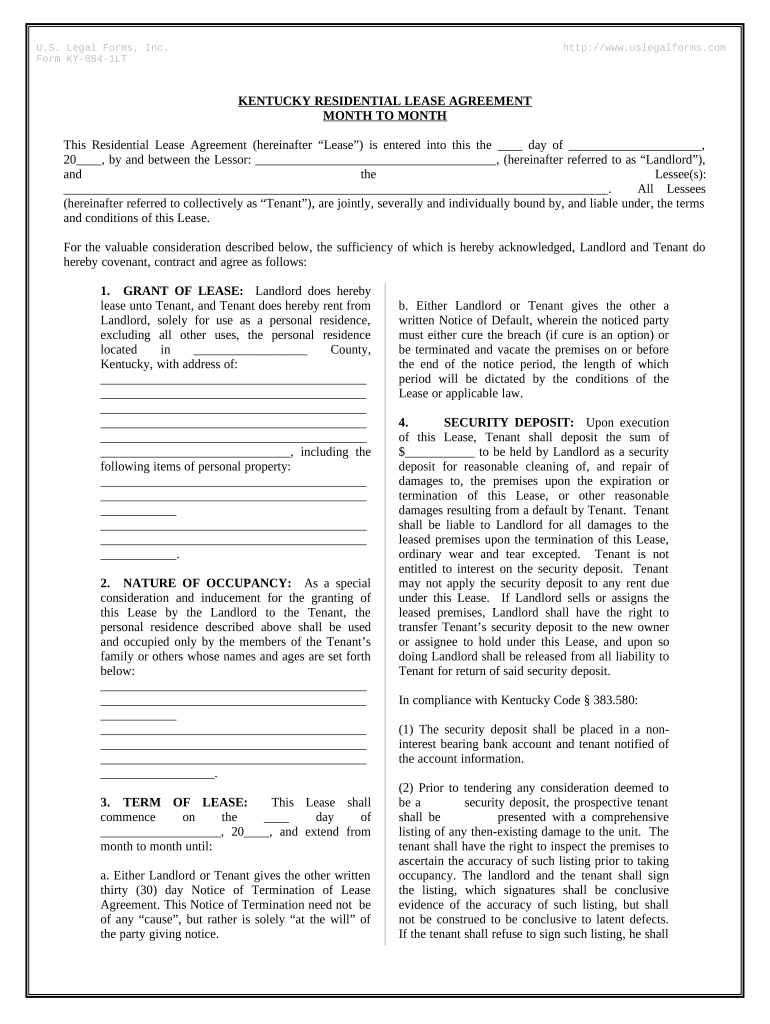 Residential Lease or Rental Agreement for Month to Month Kentucky  Form