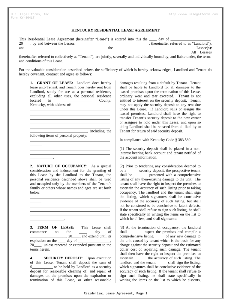 Fill and Sign the Residential Rental Lease Agreement Kentucky Form