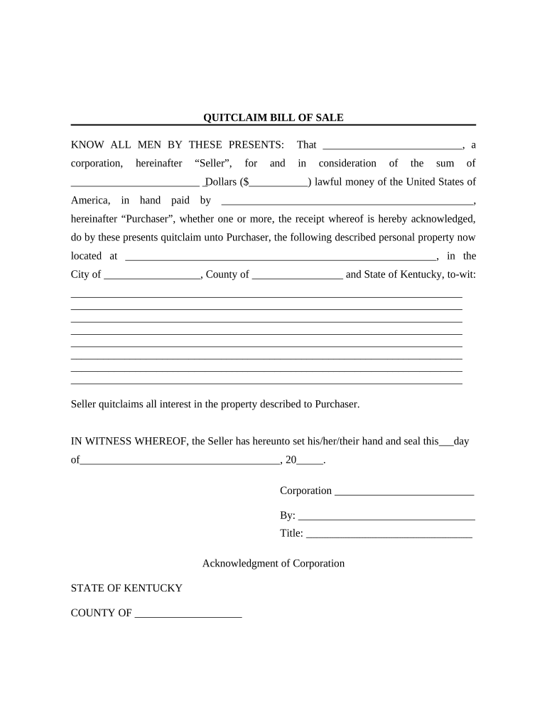 Bill of Sale Without Warranty by Corporate Seller Kentucky  Form