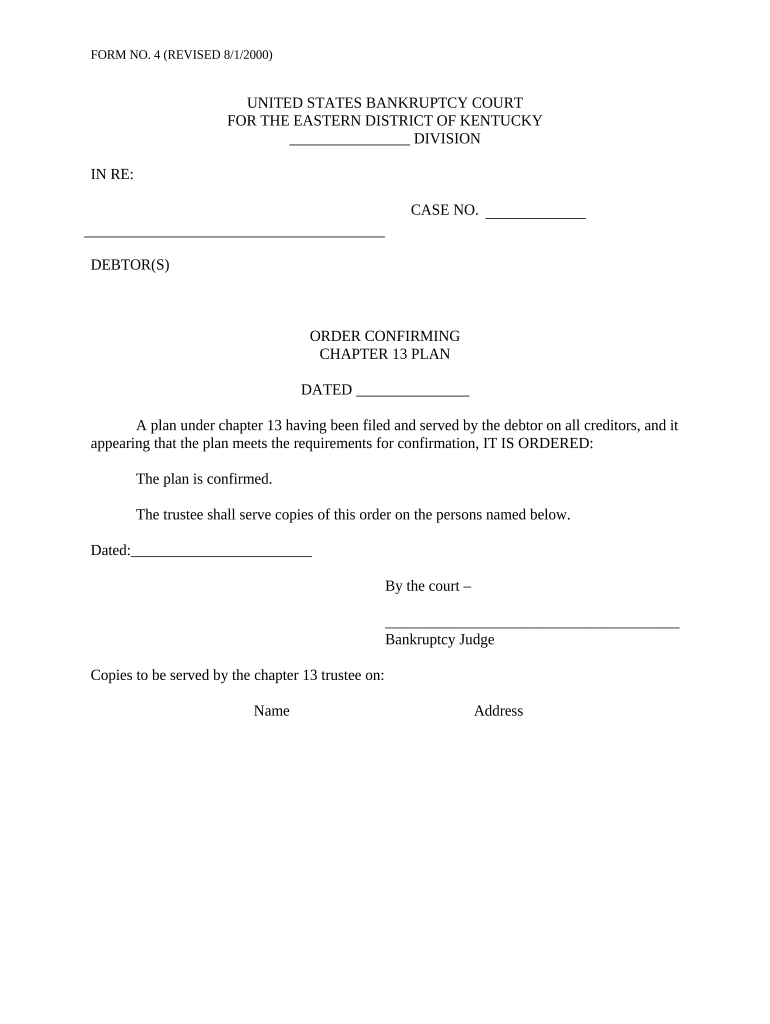Order Confirming Chapter 13 Plan Kentucky  Form