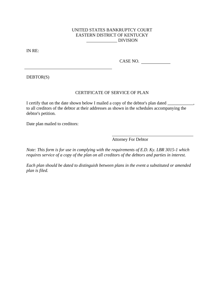 Certificate of Service of Plan Kentucky  Form