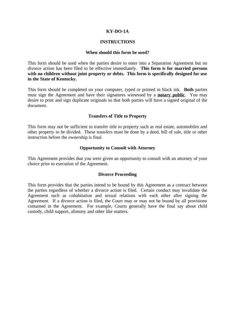 Marital Legal Separation and Property Settlement Agreement for Persons with No Children, No Joint Property, or Debts Effective I  Form