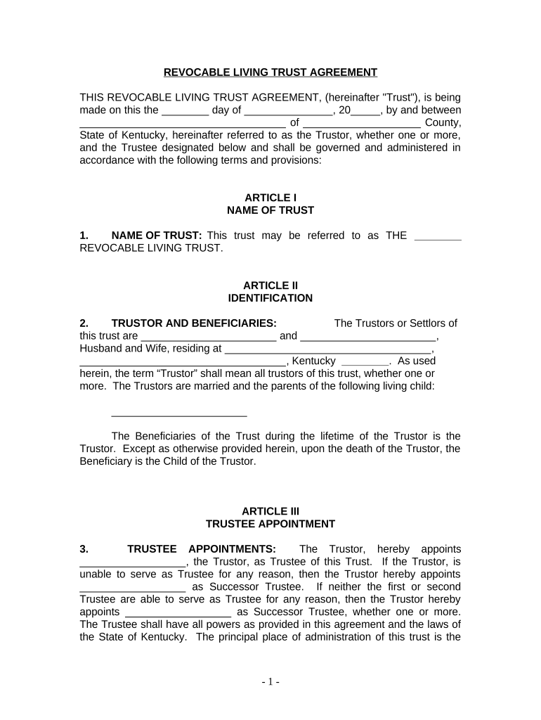 Living Trust for Husband and Wife with One Child Kentucky  Form