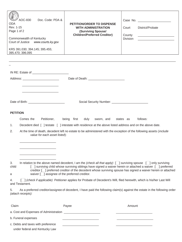 Summary Administration Petition For Small Estates Kentucky Form Fill Out And Sign Printable