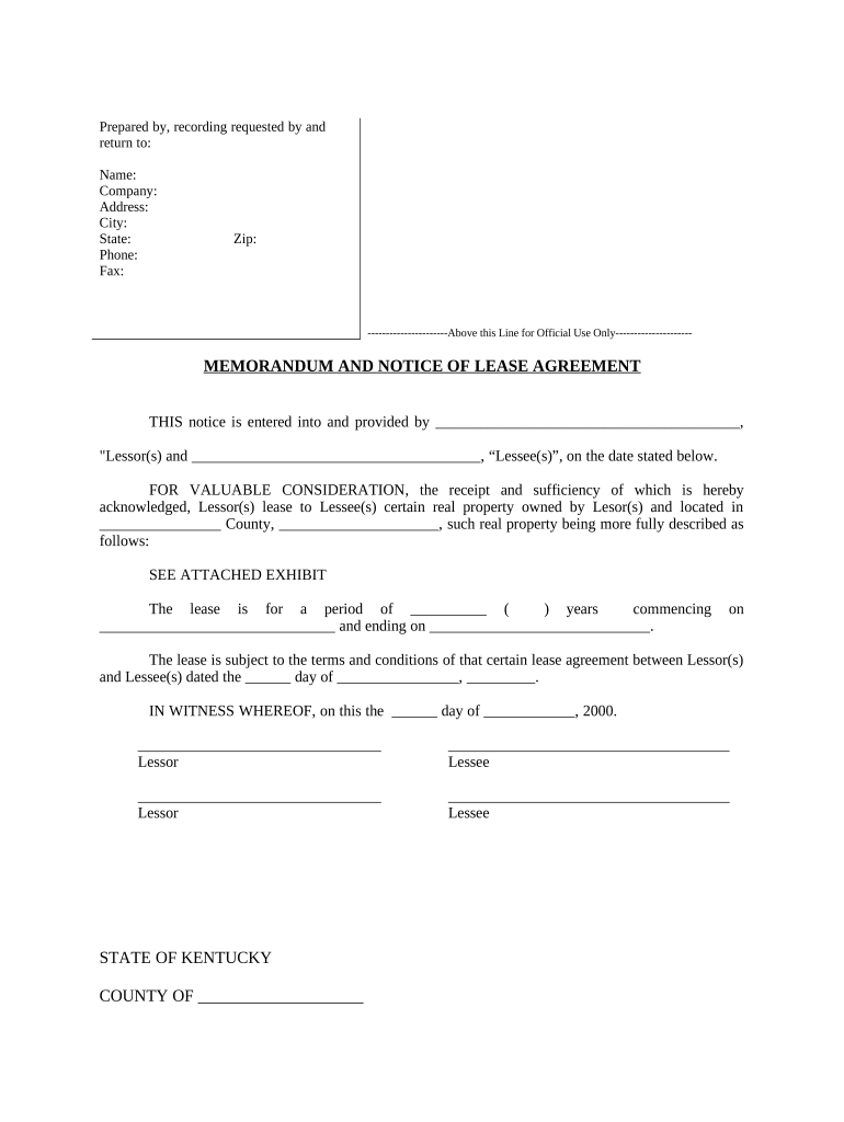 Notice of Lease for Recording Kentucky  Form