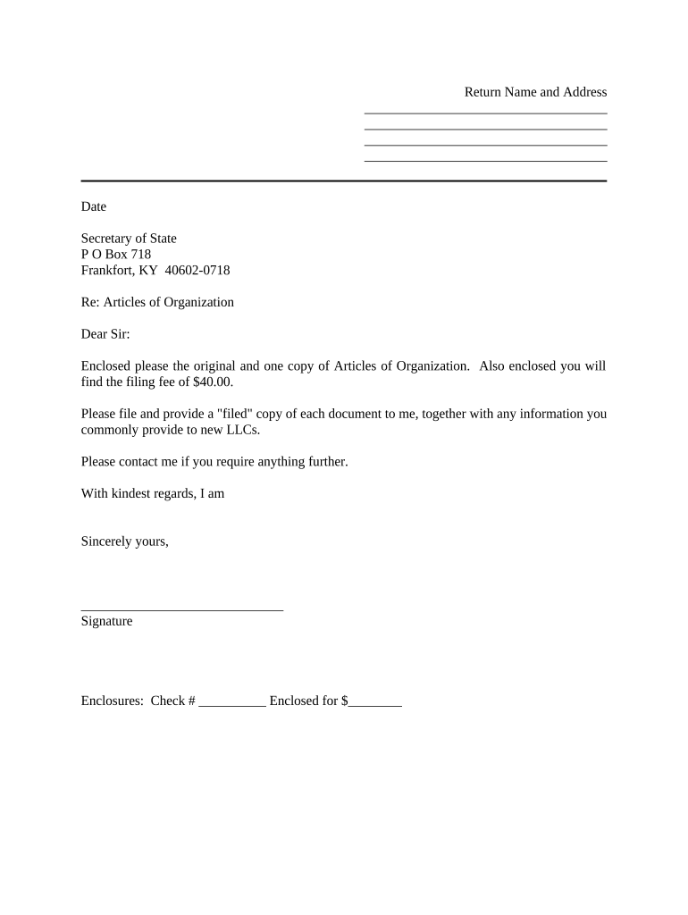 Sample Cover Letter for Filing of LLC Articles or Certificate with Secretary of State Kentucky  Form