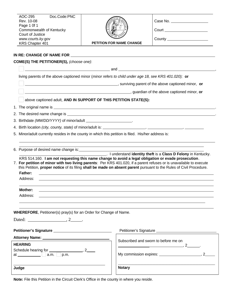 Kentucky Petition Change  Form