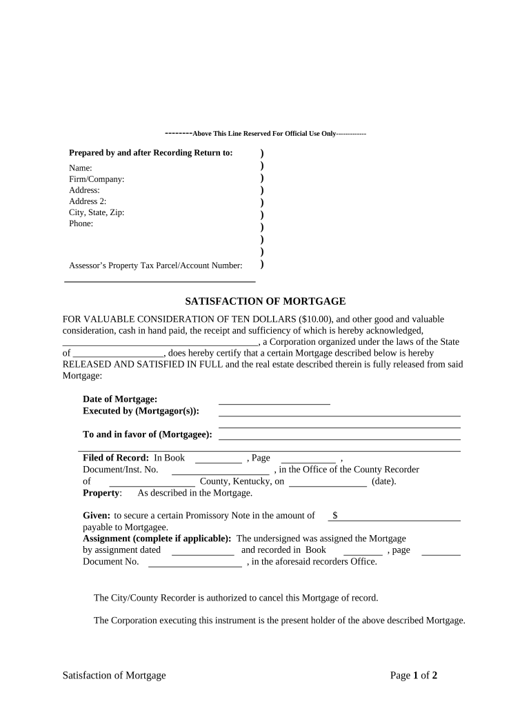 Satisfaction, Release or Cancellation of Mortgage by Corporation Kentucky  Form