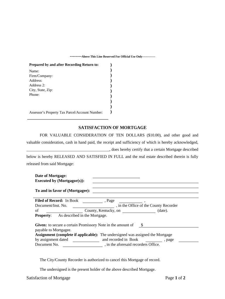 Satisfaction, Release or Cancellation of Mortgage by Individual Kentucky  Form
