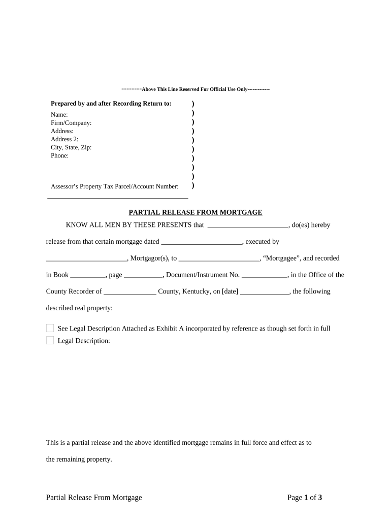Partial Release of Property from Mortgage for Corporation Kentucky  Form