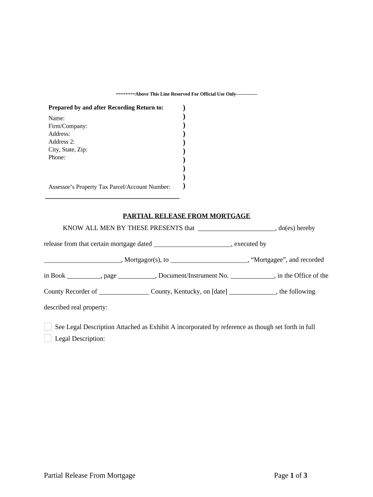 Partial Release of Property from Mortgage by Individual Holder Kentucky  Form