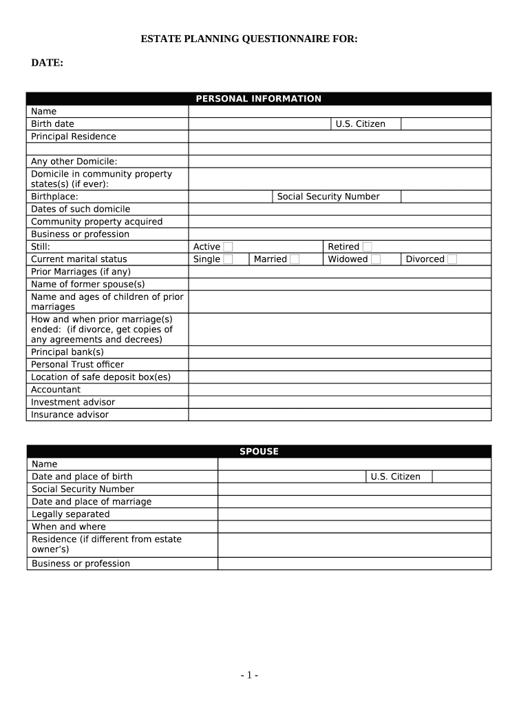 Estate Planning Questionnaire and Worksheets Kentucky  Form