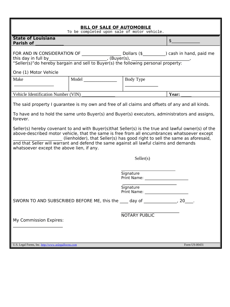 Bill of Sale of Automobile and Odometer Statement Louisiana  Form