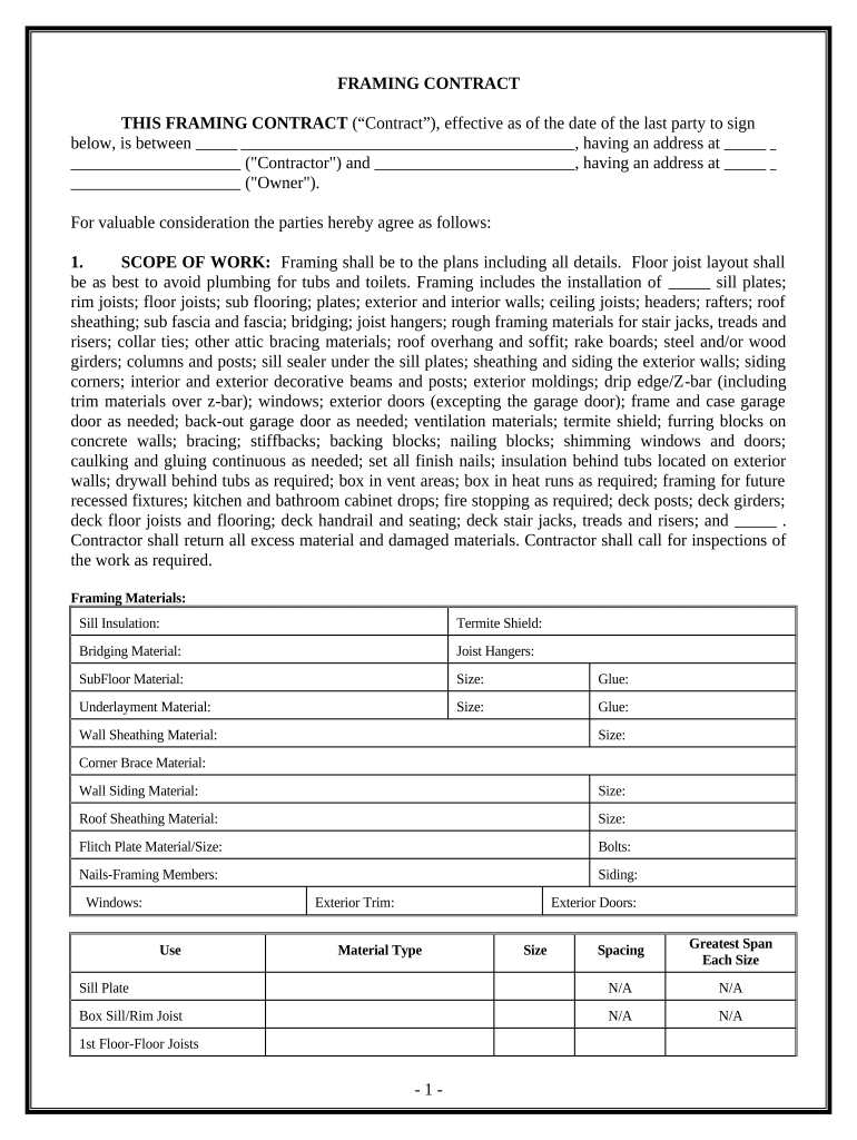 Framing Contract for Contractor Louisiana  Form