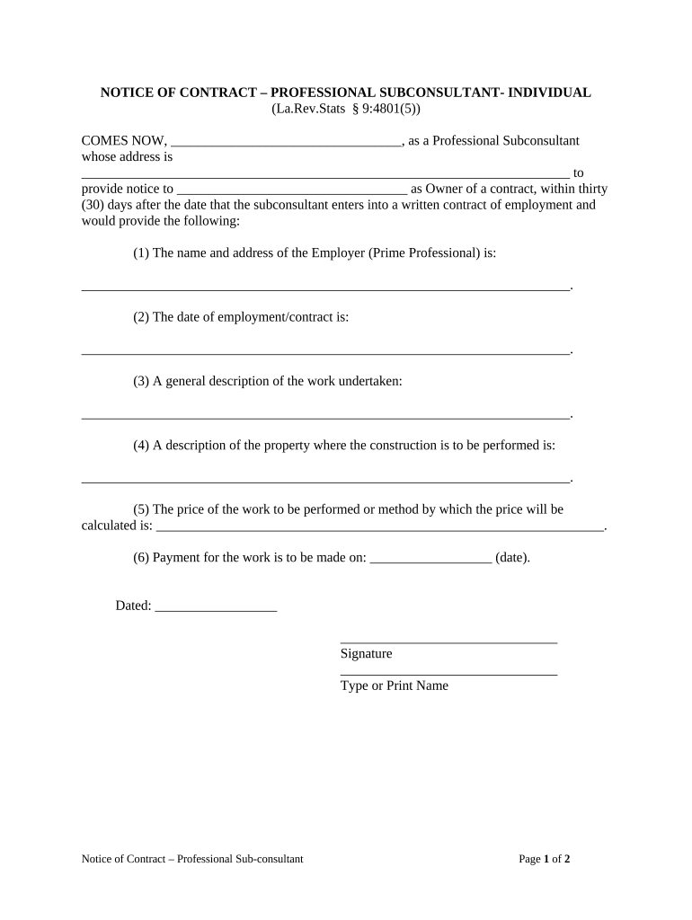 Louisiana Notice Contract  Form