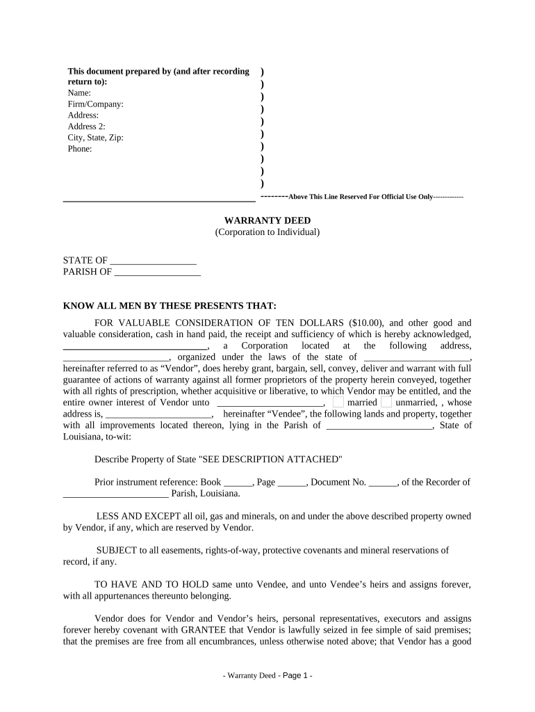 Warranty Deed from Corporation to Individual Louisiana  Form