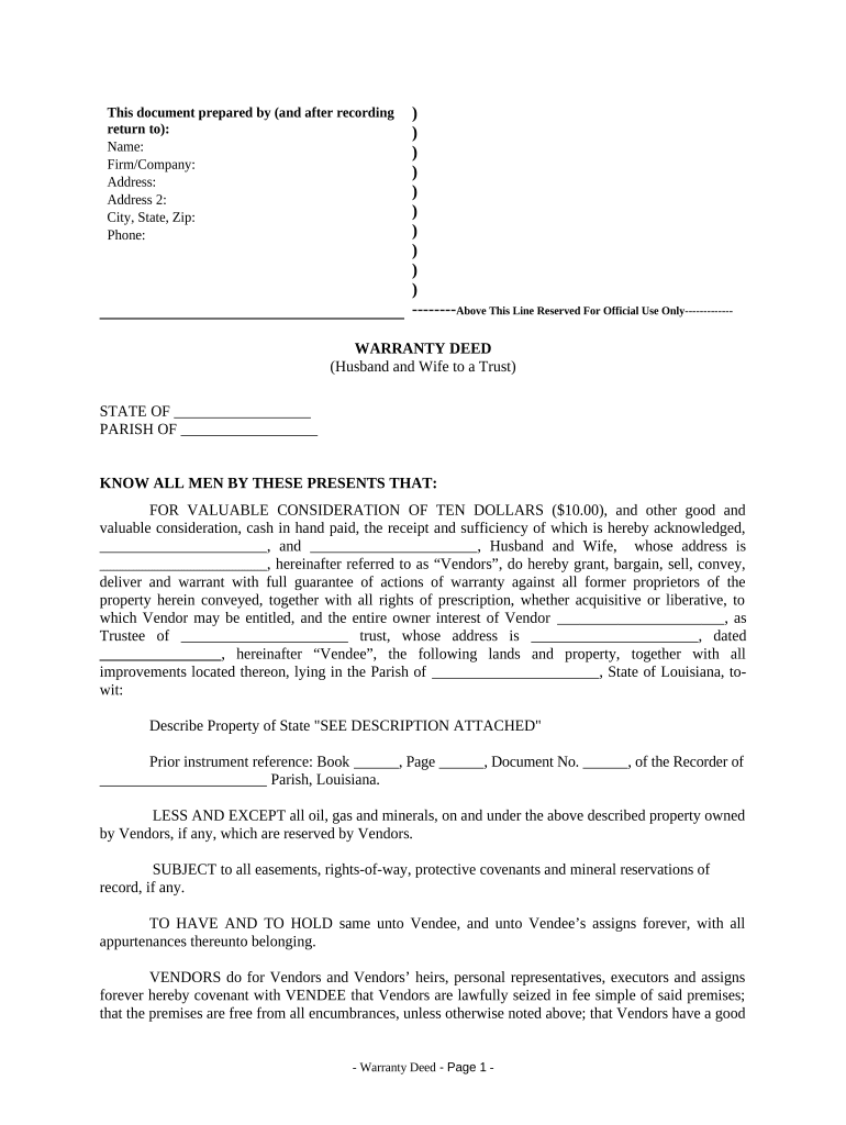 Warranty Deed from Husband and Wife to a Trust Louisiana  Form