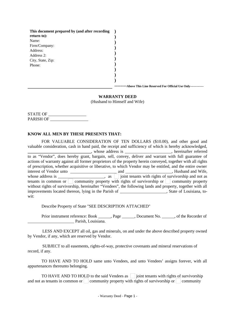 Warranty Deed from Husband to Himself and Wife Louisiana Form