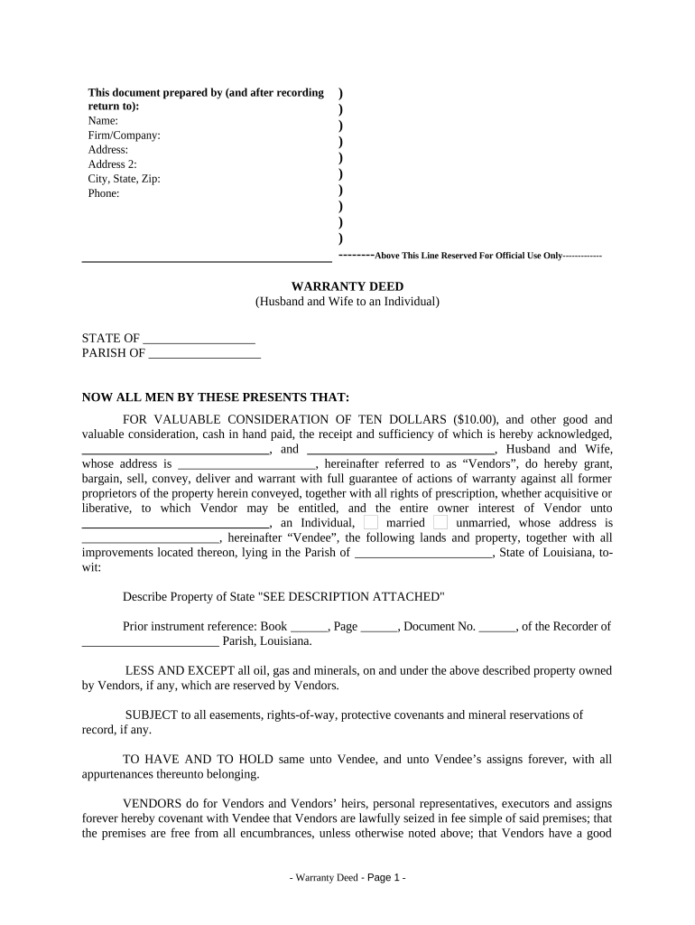 Warranty Deed from Husband and Wife to an Individual Louisiana  Form