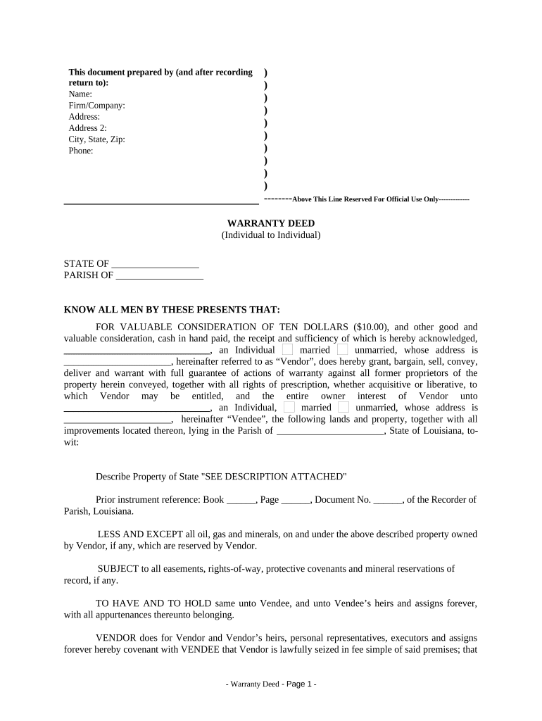 Warranty Deed from Individual to Individual Louisiana  Form