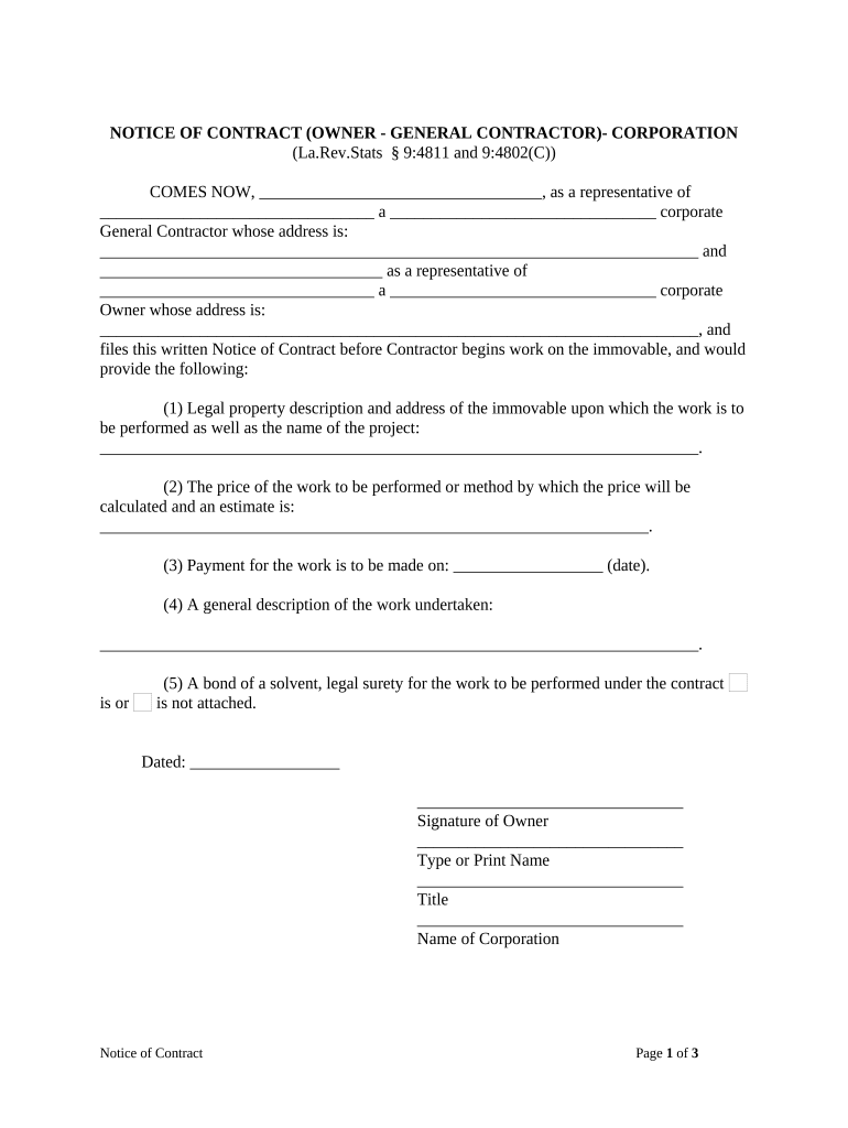 Louisiana Notice of Contract  Form