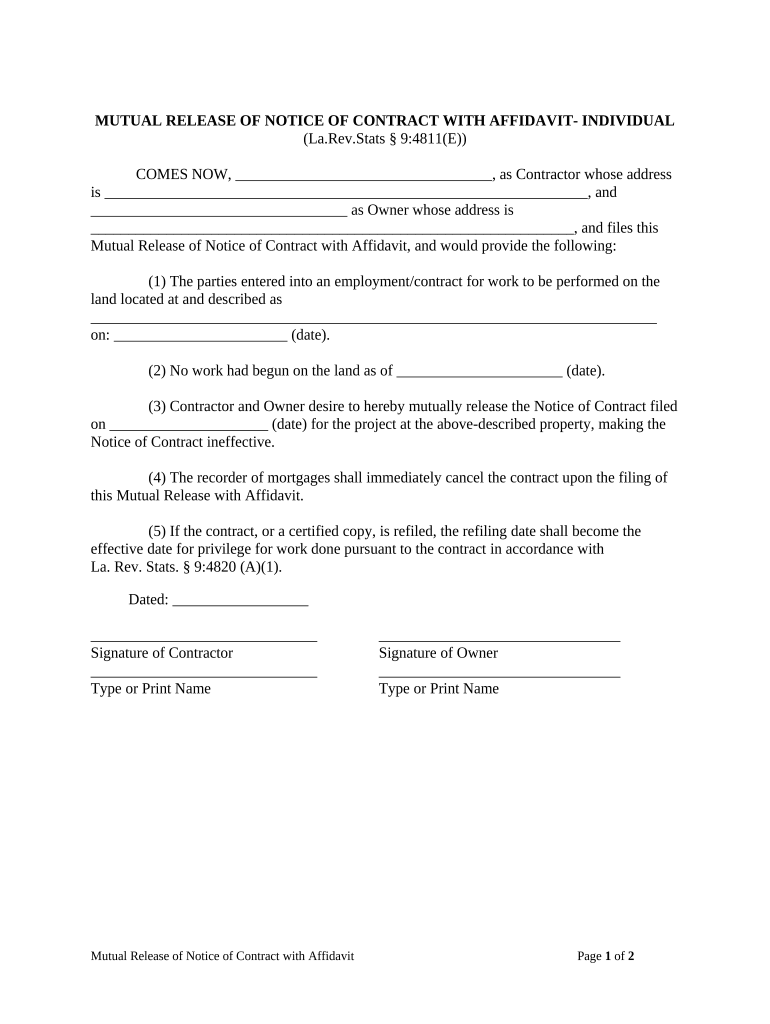 Mutual Release of Notice of Contract with Affidavit Individual Louisiana  Form