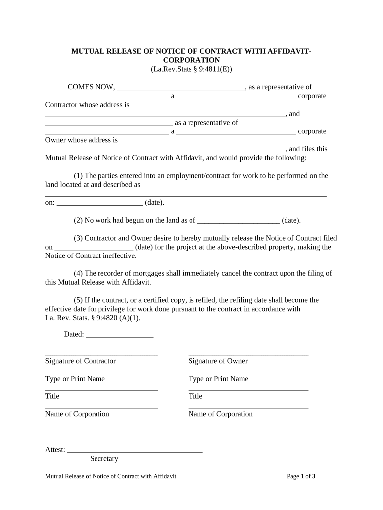 Mutual Release Contract Agreement  Form