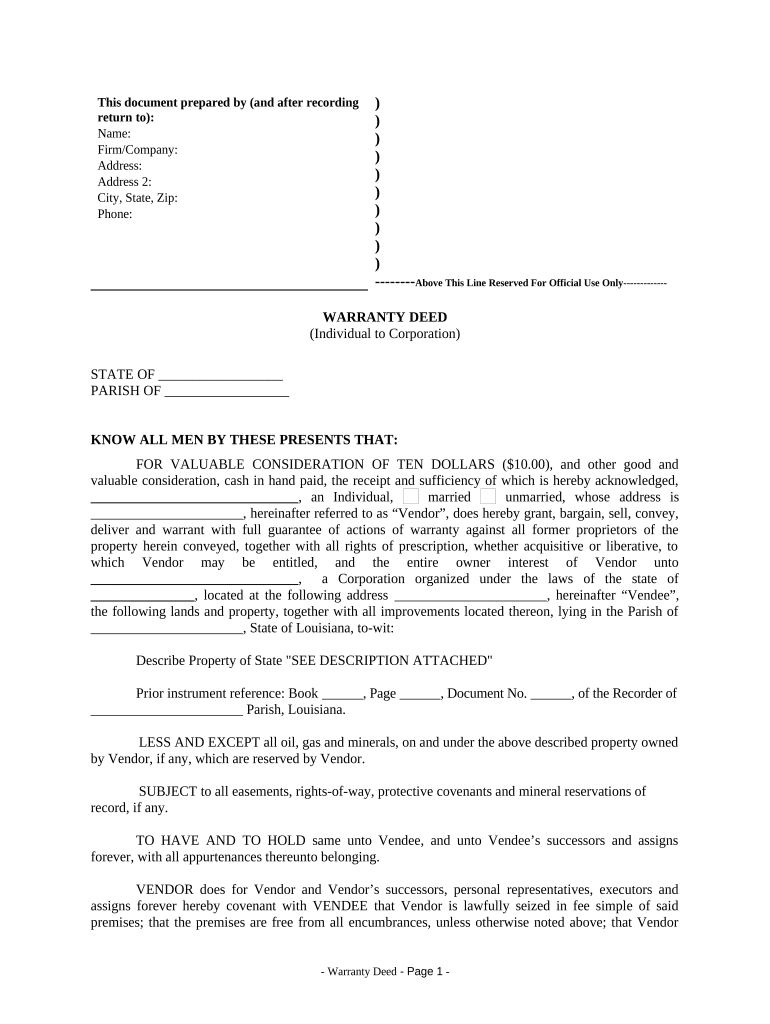 Warranty Deed from Individual to Corporation Louisiana  Form