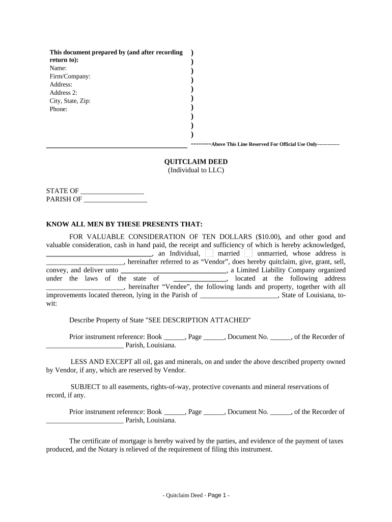 Quitclaim Deed from Individual to LLC Louisiana  Form