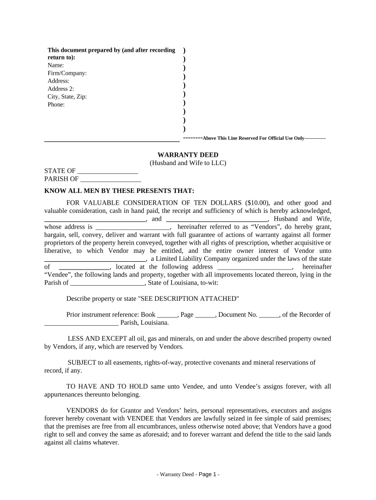 Warranty Deed from Husband and Wife to LLC Louisiana  Form