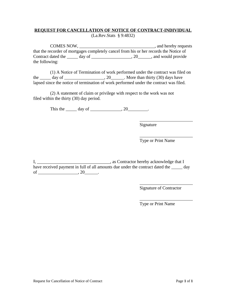 Louisiana Cancellation Contract  Form