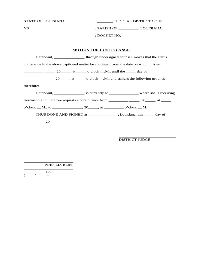 Motion for Continuance Louisiana  Form