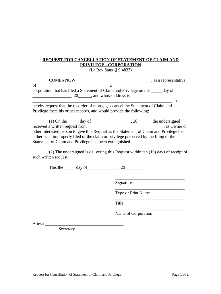 Request for Cancellation of Statement of Claim and Privilege Corporation or LLC Louisiana  Form