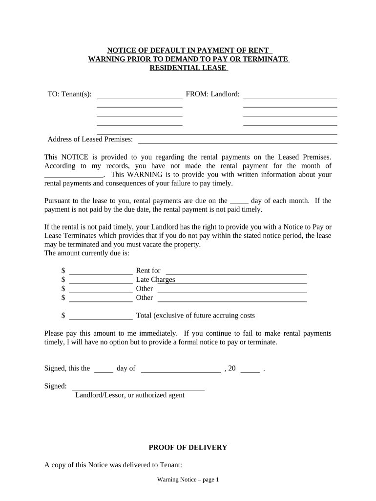 Notice of Default in Payment of Rent as Warning Prior to Demand to Pay or Terminate for Residential Property Louisiana  Form