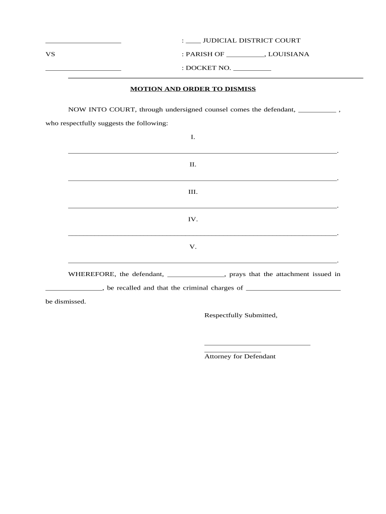 Motion and Order to Dismiss Charges and Recall Attachment Louisiana  Form