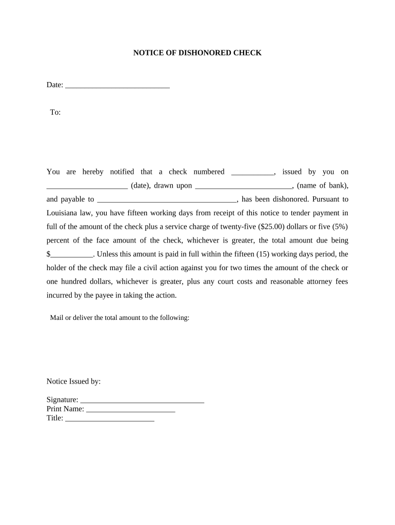 Notice of Dishonored Check Civil Keywords Bad Check, Bounced Check Louisiana  Form